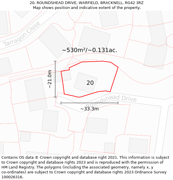 20, ROUNDSHEAD DRIVE, WARFIELD, BRACKNELL, RG42 3RZ: Plot and title map