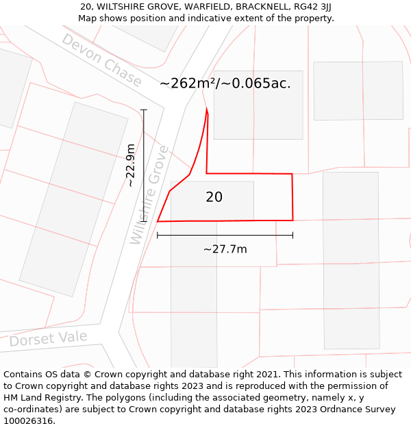 20, WILTSHIRE GROVE, WARFIELD, BRACKNELL, RG42 3JJ: Plot and title map