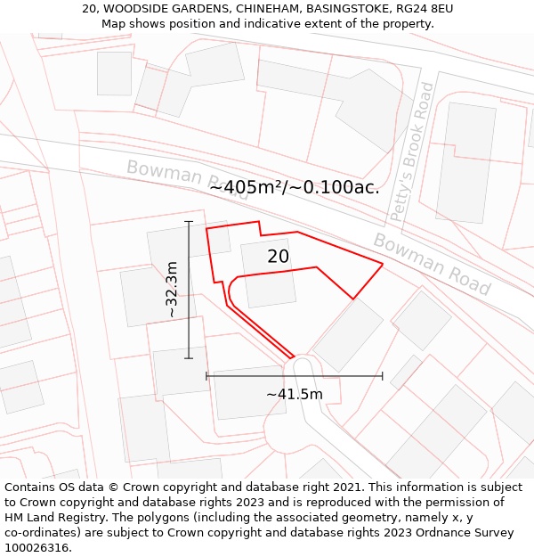 20, WOODSIDE GARDENS, CHINEHAM, BASINGSTOKE, RG24 8EU: Plot and title map