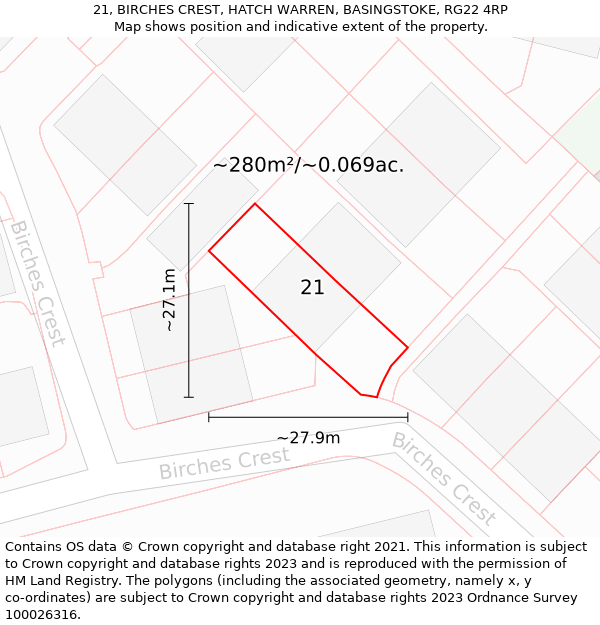 21, BIRCHES CREST, HATCH WARREN, BASINGSTOKE, RG22 4RP: Plot and title map