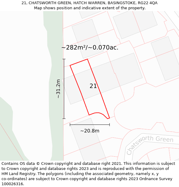 21, CHATSWORTH GREEN, HATCH WARREN, BASINGSTOKE, RG22 4QA: Plot and title map