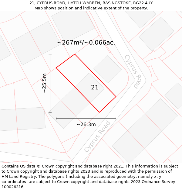 21, CYPRUS ROAD, HATCH WARREN, BASINGSTOKE, RG22 4UY: Plot and title map