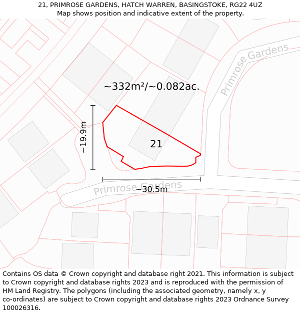 21, PRIMROSE GARDENS, HATCH WARREN, BASINGSTOKE, RG22 4UZ: Plot and title map