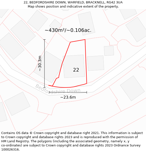 22, BEDFORDSHIRE DOWN, WARFIELD, BRACKNELL, RG42 3UA: Plot and title map