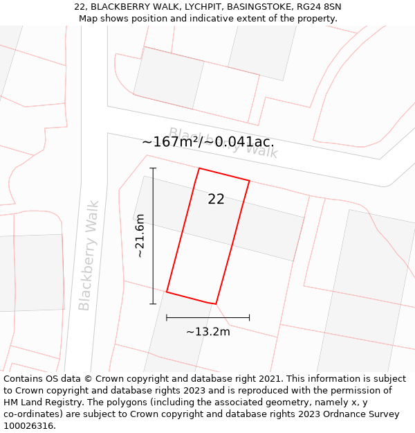 22, BLACKBERRY WALK, LYCHPIT, BASINGSTOKE, RG24 8SN: Plot and title map