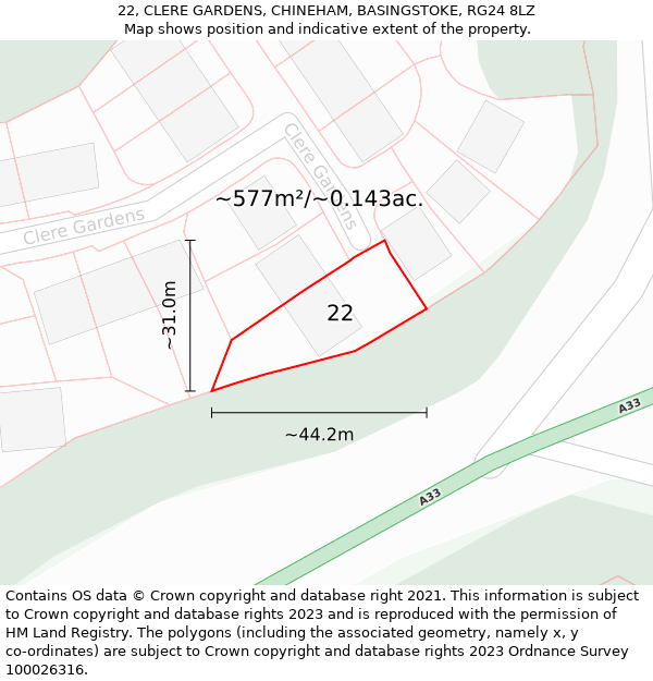 22, CLERE GARDENS, CHINEHAM, BASINGSTOKE, RG24 8LZ: Plot and title map