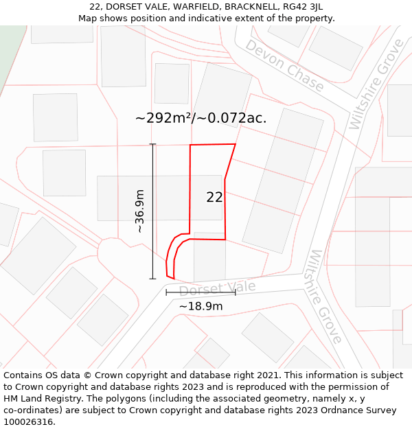 22, DORSET VALE, WARFIELD, BRACKNELL, RG42 3JL: Plot and title map