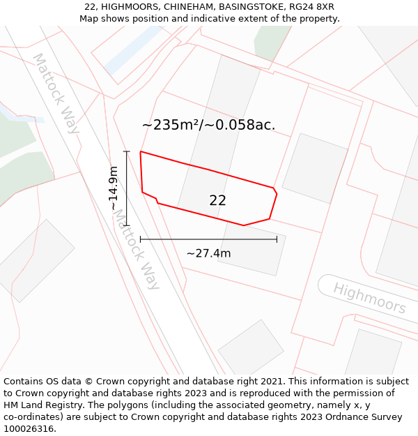 22, HIGHMOORS, CHINEHAM, BASINGSTOKE, RG24 8XR: Plot and title map