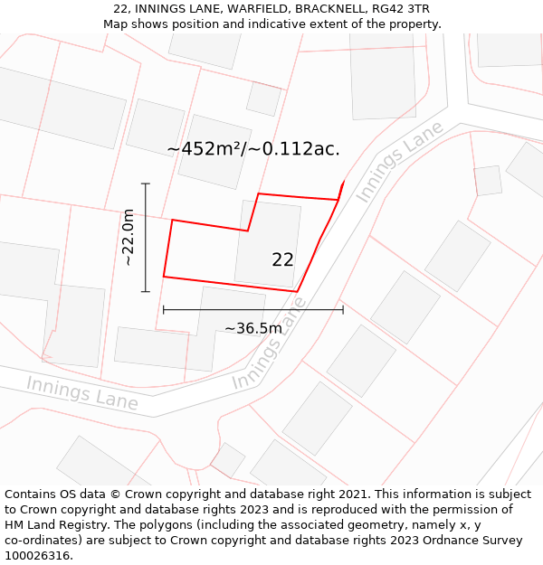 22, INNINGS LANE, WARFIELD, BRACKNELL, RG42 3TR: Plot and title map