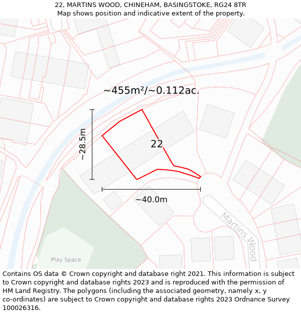 22, MARTINS WOOD, CHINEHAM, BASINGSTOKE, RG24 8TR: Plot and title map