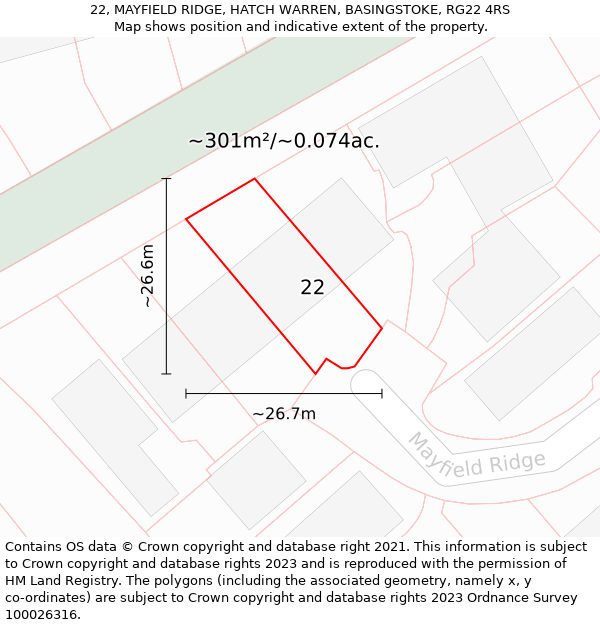 22, MAYFIELD RIDGE, HATCH WARREN, BASINGSTOKE, RG22 4RS: Plot and title map