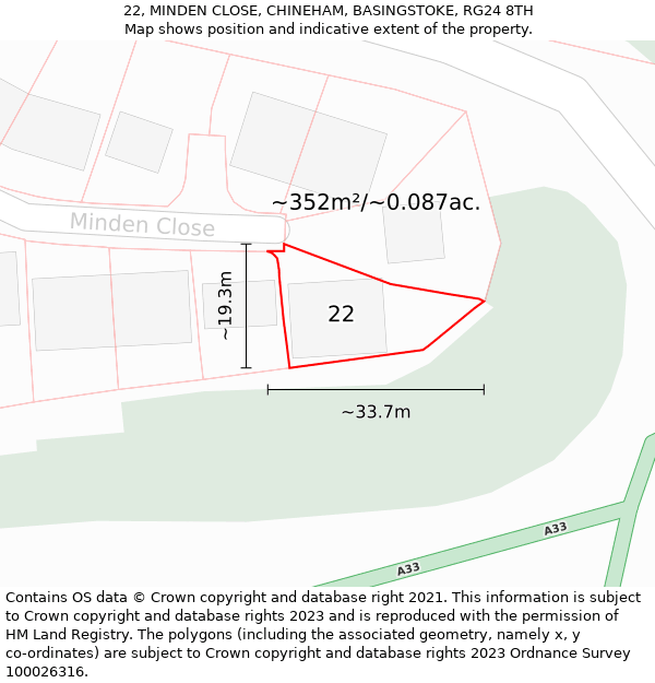 22, MINDEN CLOSE, CHINEHAM, BASINGSTOKE, RG24 8TH: Plot and title map