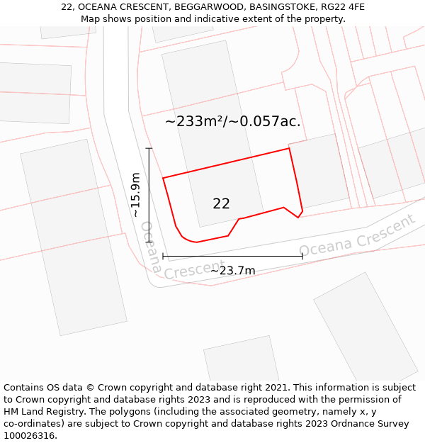 22, OCEANA CRESCENT, BEGGARWOOD, BASINGSTOKE, RG22 4FE: Plot and title map