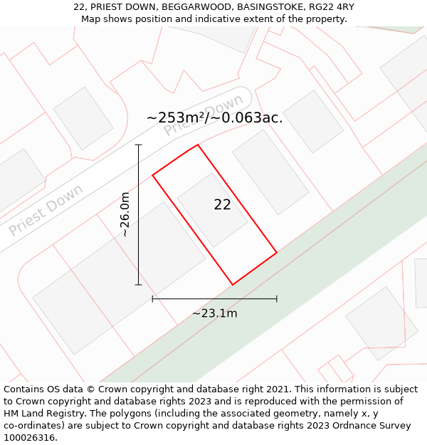 22, PRIEST DOWN, BEGGARWOOD, BASINGSTOKE, RG22 4RY: Plot and title map