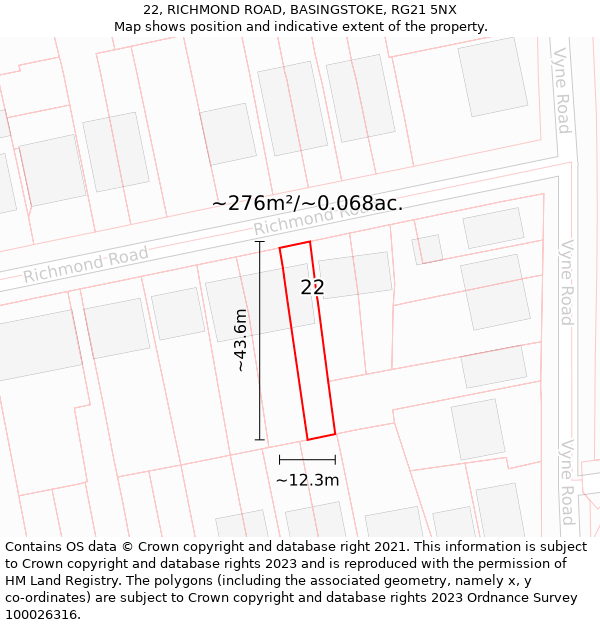 22, RICHMOND ROAD, BASINGSTOKE, RG21 5NX: Plot and title map