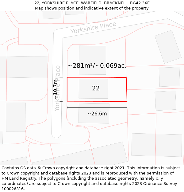 22, YORKSHIRE PLACE, WARFIELD, BRACKNELL, RG42 3XE: Plot and title map