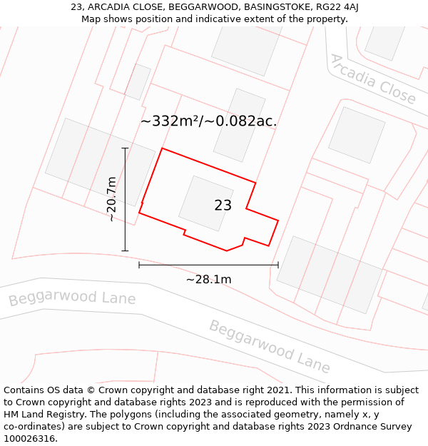 23, ARCADIA CLOSE, BEGGARWOOD, BASINGSTOKE, RG22 4AJ: Plot and title map