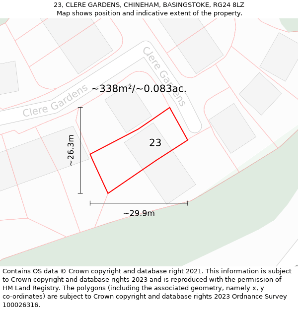 23, CLERE GARDENS, CHINEHAM, BASINGSTOKE, RG24 8LZ: Plot and title map