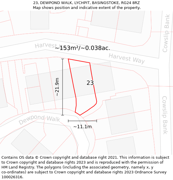 23, DEWPOND WALK, LYCHPIT, BASINGSTOKE, RG24 8RZ: Plot and title map