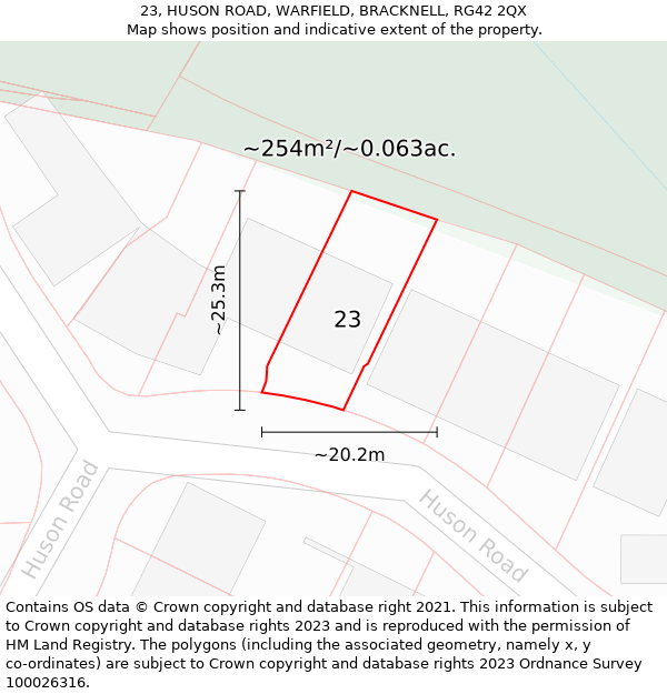 23, HUSON ROAD, WARFIELD, BRACKNELL, RG42 2QX: Plot and title map