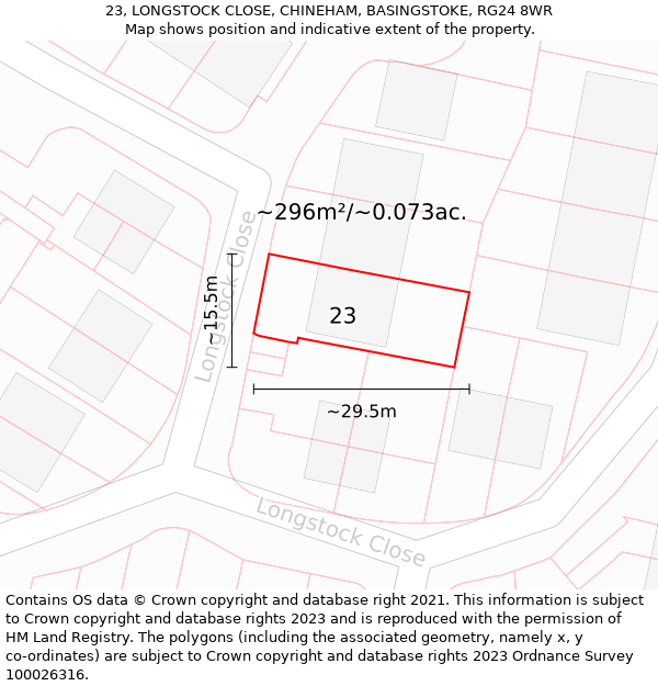 23, LONGSTOCK CLOSE, CHINEHAM, BASINGSTOKE, RG24 8WR: Plot and title map