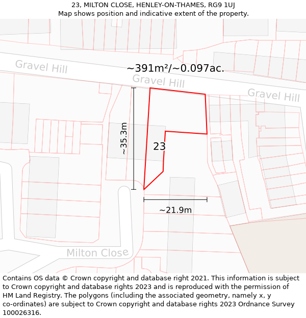 23, MILTON CLOSE, HENLEY-ON-THAMES, RG9 1UJ: Plot and title map