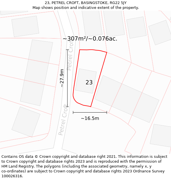 23, PETREL CROFT, BASINGSTOKE, RG22 5JY: Plot and title map