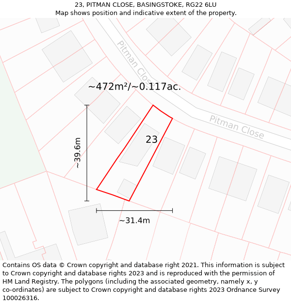 23, PITMAN CLOSE, BASINGSTOKE, RG22 6LU: Plot and title map