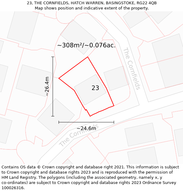 23, THE CORNFIELDS, HATCH WARREN, BASINGSTOKE, RG22 4QB: Plot and title map