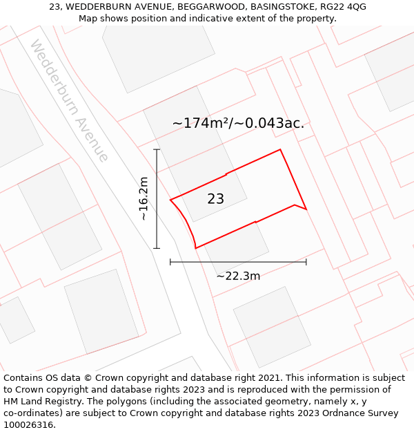 23, WEDDERBURN AVENUE, BEGGARWOOD, BASINGSTOKE, RG22 4QG: Plot and title map