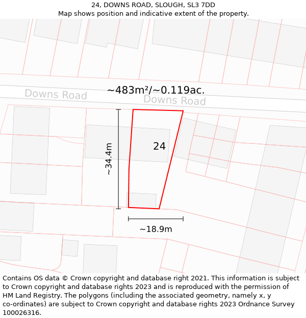 24, DOWNS ROAD, SLOUGH, SL3 7DD: Plot and title map