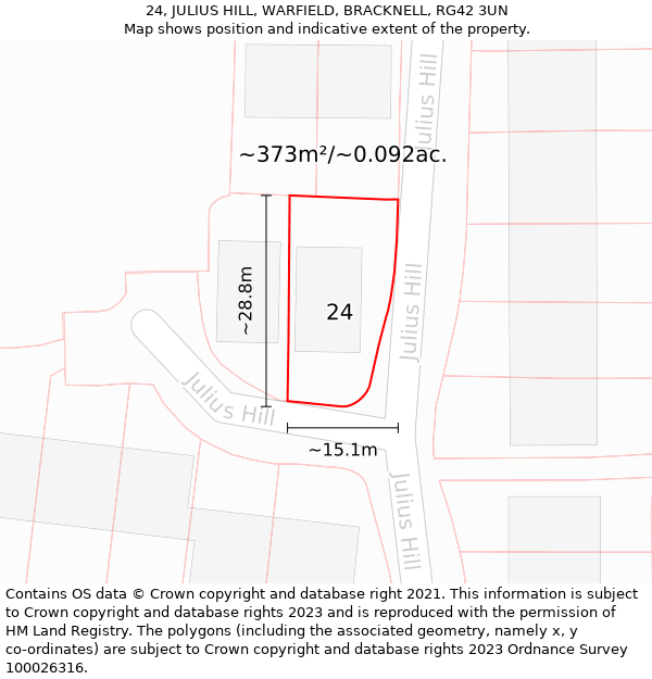 24, JULIUS HILL, WARFIELD, BRACKNELL, RG42 3UN: Plot and title map