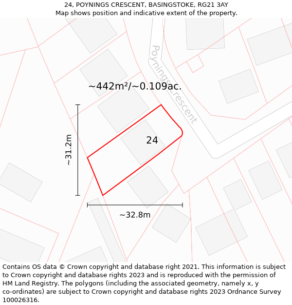 24, POYNINGS CRESCENT, BASINGSTOKE, RG21 3AY: Plot and title map