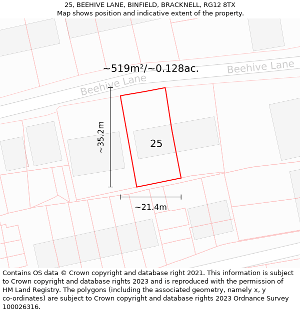 25, BEEHIVE LANE, BINFIELD, BRACKNELL, RG12 8TX: Plot and title map