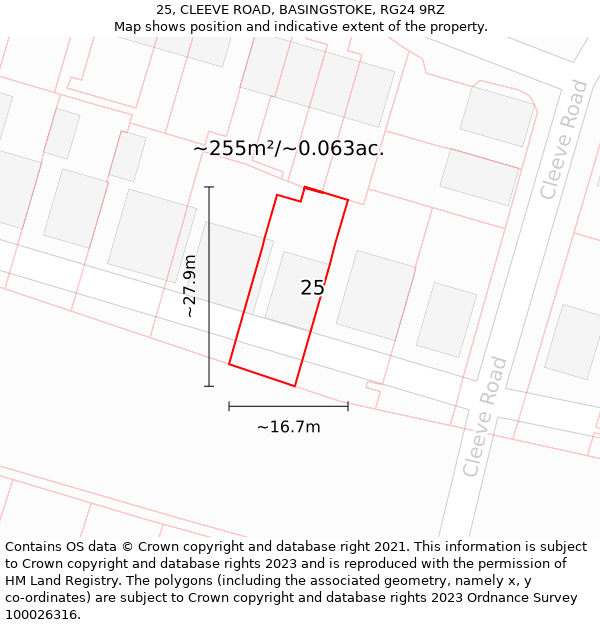 25, CLEEVE ROAD, BASINGSTOKE, RG24 9RZ: Plot and title map