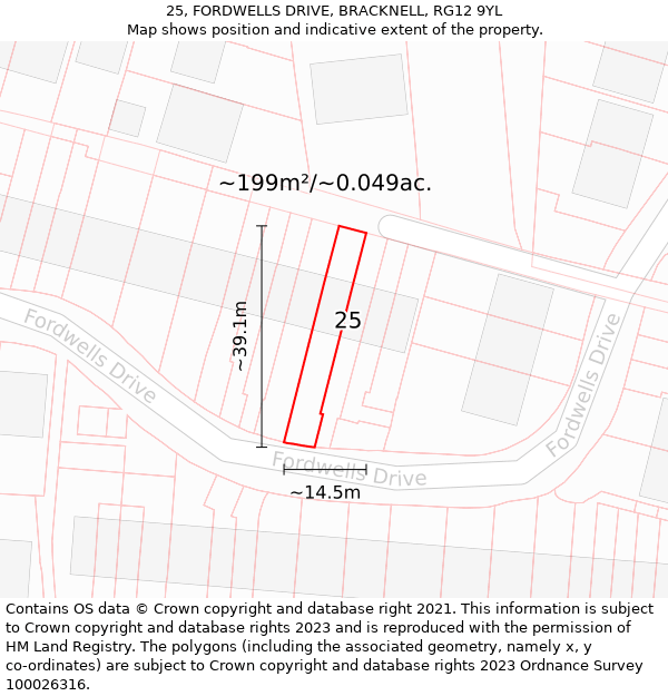 25, FORDWELLS DRIVE, BRACKNELL, RG12 9YL: Plot and title map