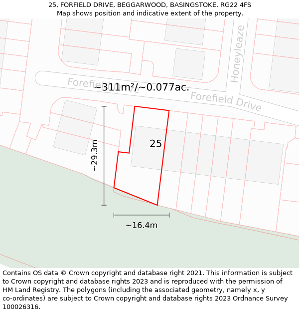 25, FORFIELD DRIVE, BEGGARWOOD, BASINGSTOKE, RG22 4FS: Plot and title map