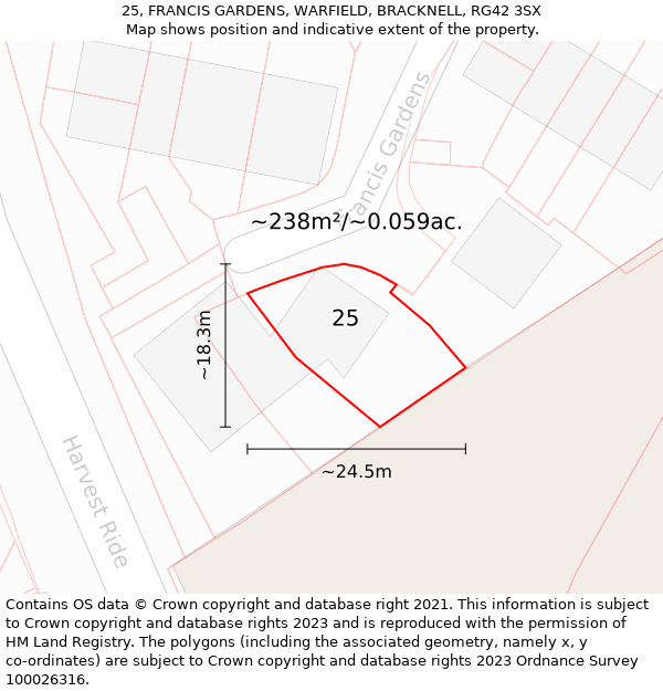 25, FRANCIS GARDENS, WARFIELD, BRACKNELL, RG42 3SX: Plot and title map