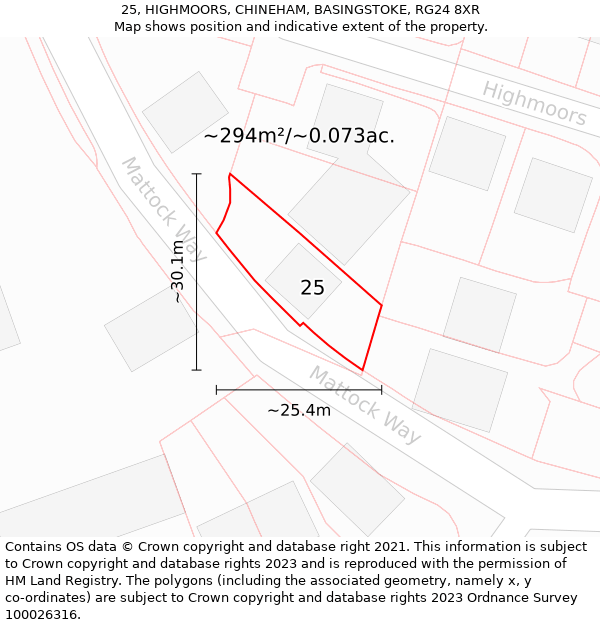 25, HIGHMOORS, CHINEHAM, BASINGSTOKE, RG24 8XR: Plot and title map