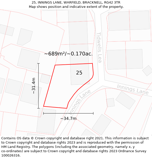 25, INNINGS LANE, WARFIELD, BRACKNELL, RG42 3TR: Plot and title map