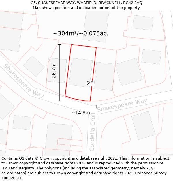 25, SHAKESPEARE WAY, WARFIELD, BRACKNELL, RG42 3AQ: Plot and title map