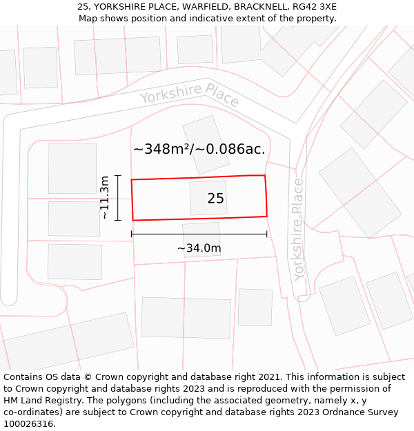 25, YORKSHIRE PLACE, WARFIELD, BRACKNELL, RG42 3XE: Plot and title map