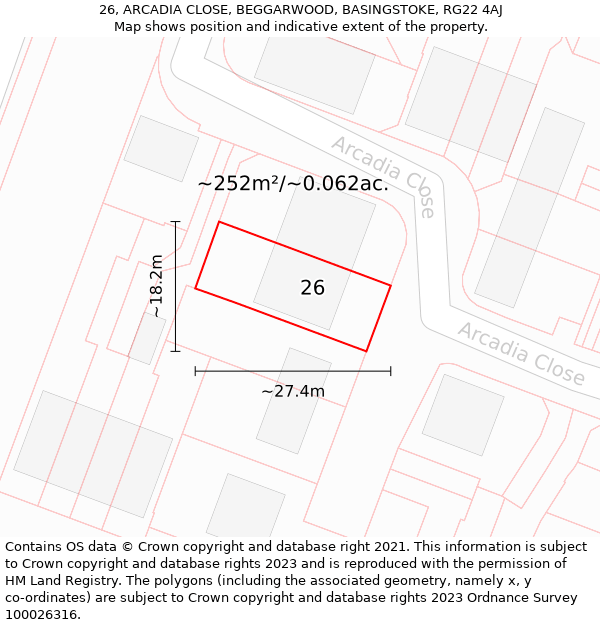 26, ARCADIA CLOSE, BEGGARWOOD, BASINGSTOKE, RG22 4AJ: Plot and title map