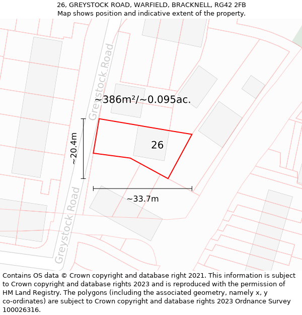 26, GREYSTOCK ROAD, WARFIELD, BRACKNELL, RG42 2FB: Plot and title map