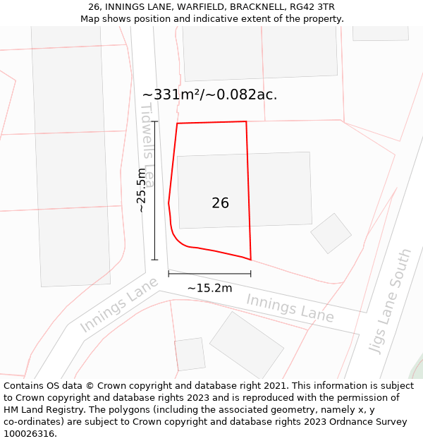 26, INNINGS LANE, WARFIELD, BRACKNELL, RG42 3TR: Plot and title map