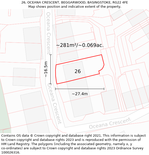 26, OCEANA CRESCENT, BEGGARWOOD, BASINGSTOKE, RG22 4FE: Plot and title map