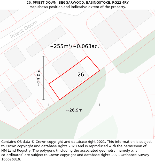 26, PRIEST DOWN, BEGGARWOOD, BASINGSTOKE, RG22 4RY: Plot and title map
