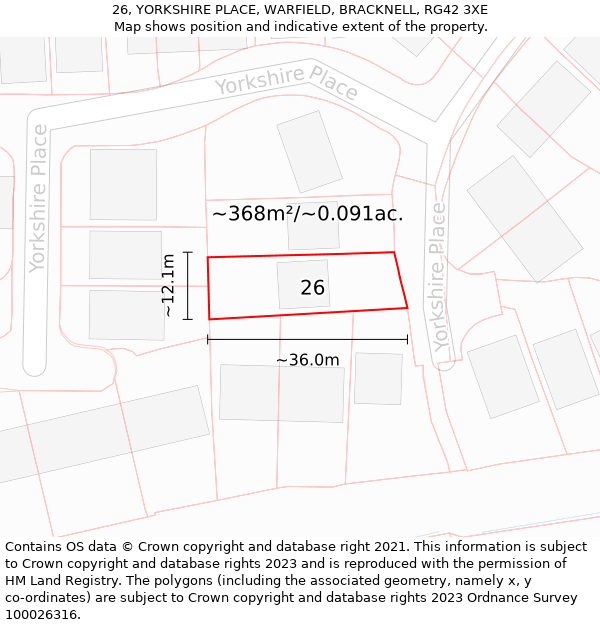 26, YORKSHIRE PLACE, WARFIELD, BRACKNELL, RG42 3XE: Plot and title map