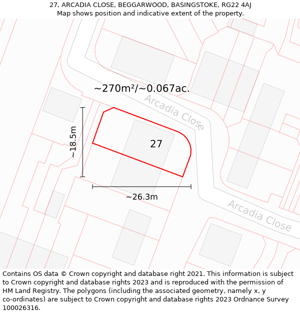 27, ARCADIA CLOSE, BEGGARWOOD, BASINGSTOKE, RG22 4AJ: Plot and title map