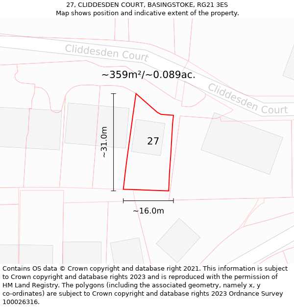 27, CLIDDESDEN COURT, BASINGSTOKE, RG21 3ES: Plot and title map